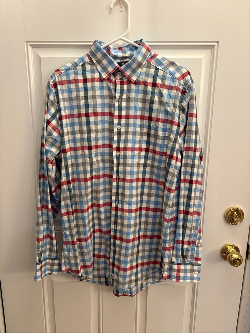 Vineyard Vines Men's Red, Blue and White Plaid Button-Down Shirt